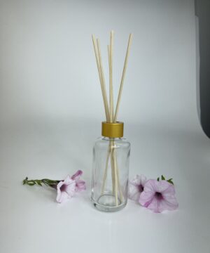 Glass Diffuser Set - Clear Glass Bottle (100ml), Gold Collar and Natural Reeds