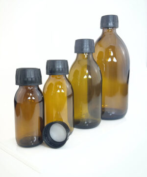 Amber Syrup Bottle with Black Wadded Cap (non-tamperproof)- Various Sizes